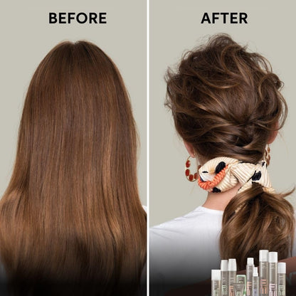Before and after comparison of hair transformation with hair products displayed.