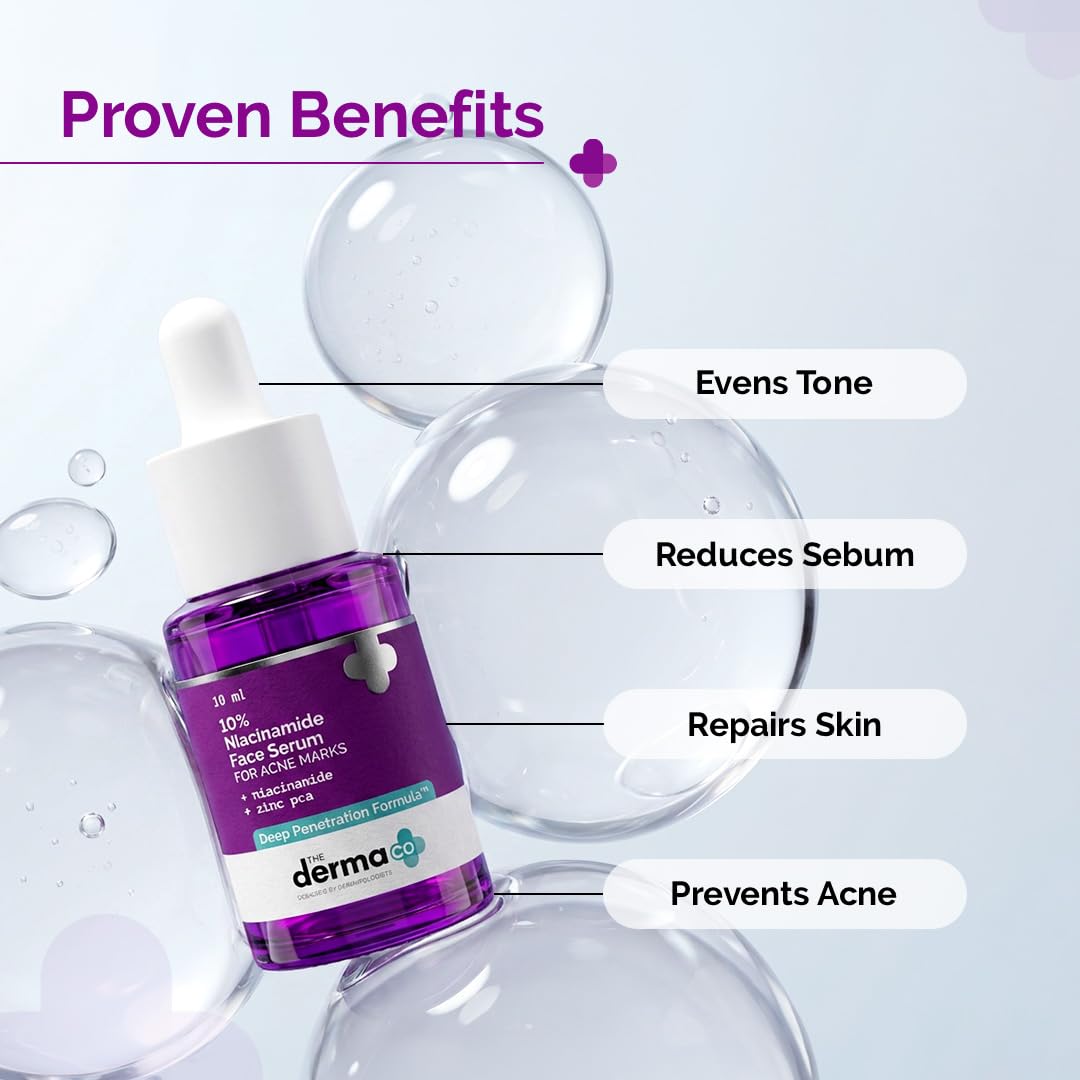The Derma Co 10% Niacinamide Serum with 2% Zinc, Powered by Deep Penetration Formula™ | Fades Acne Marks, Controls Oil & Reduces Dark Spots | 10 ml