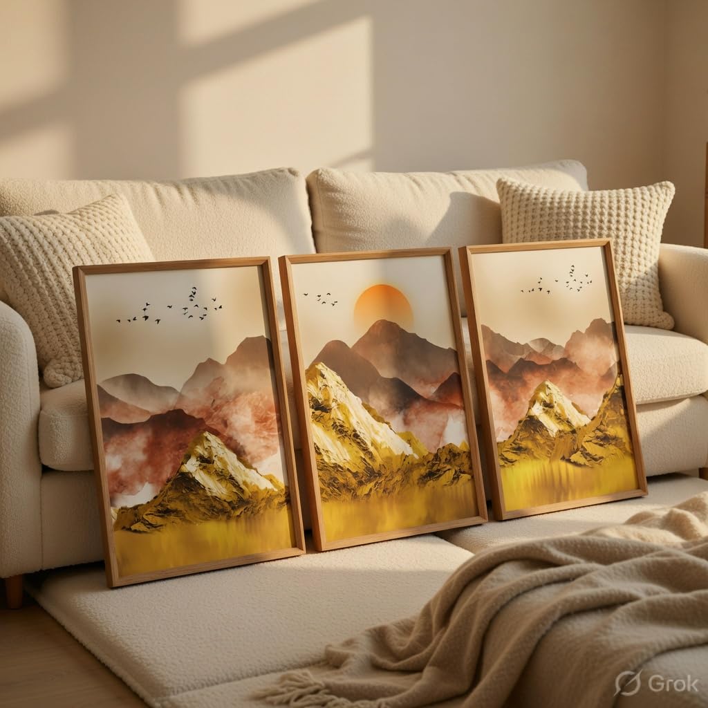 Golden Mountain Landscape Wall Painting Set of 3 with Wooden Frames | Abstract Sunrise Mountain Artwork HD Sparkle Laminated MDF Wall Decor | Modern Nature Wall Art for Living Room