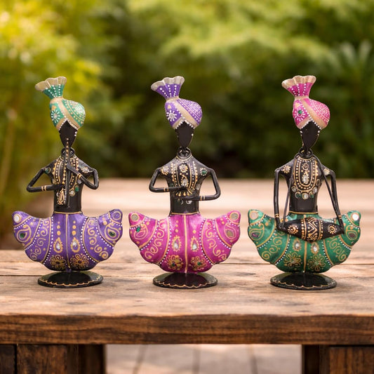 CraftVatika Handmade Metal Iron Sitting Musician Set of 3 Playing Musical Instrument Idol Handpainted Figurine Showpiece for Home Decor, Multicolor (9 Inches Height)