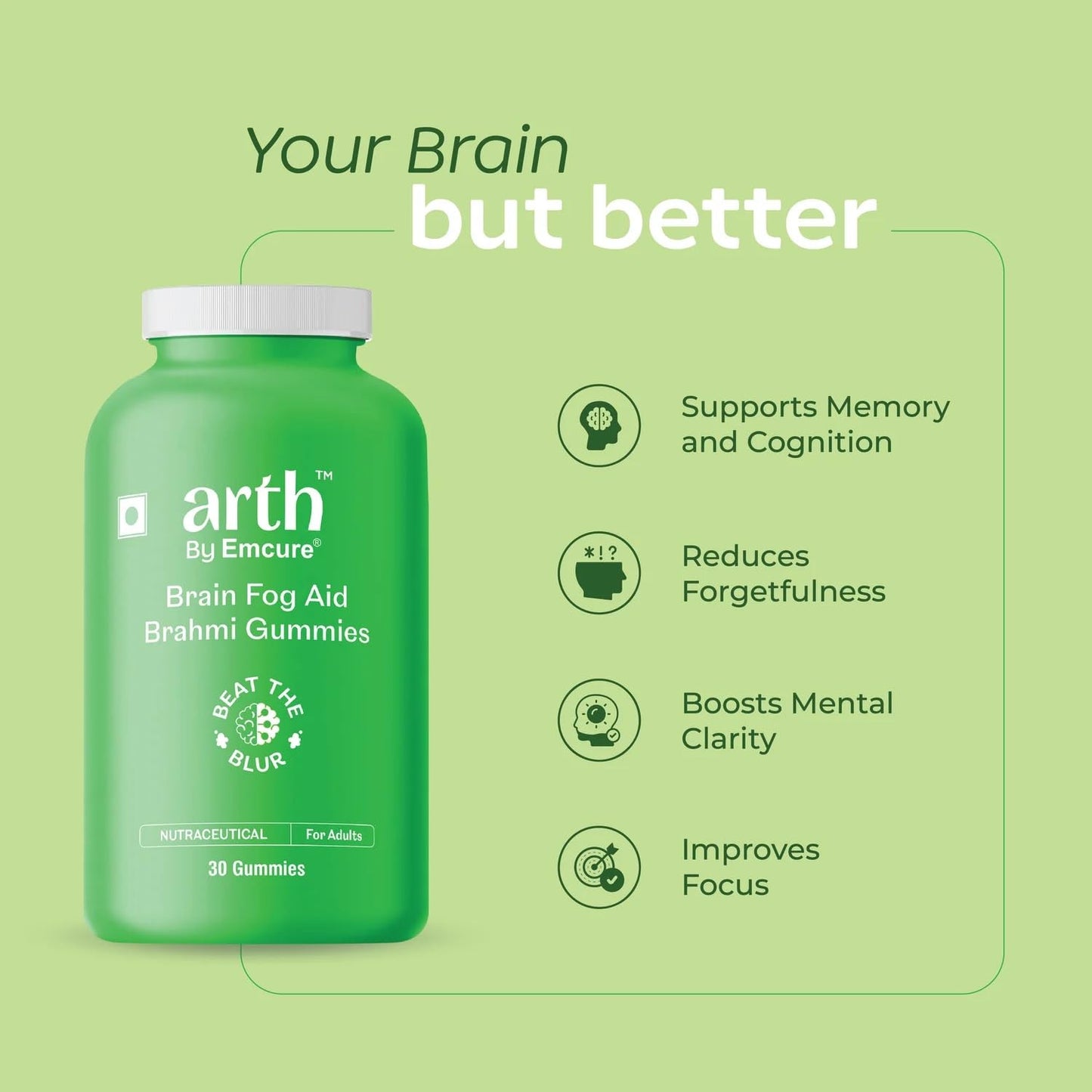 Arth Brahmi Gummies for Memory, Focus, Concentration & Brain Fog Support - 30 Capsules for Men & Women | Bacopa Monnieri Supplement | Enhanced Absorption for Mental Clarity, Alertness & Positive Mood