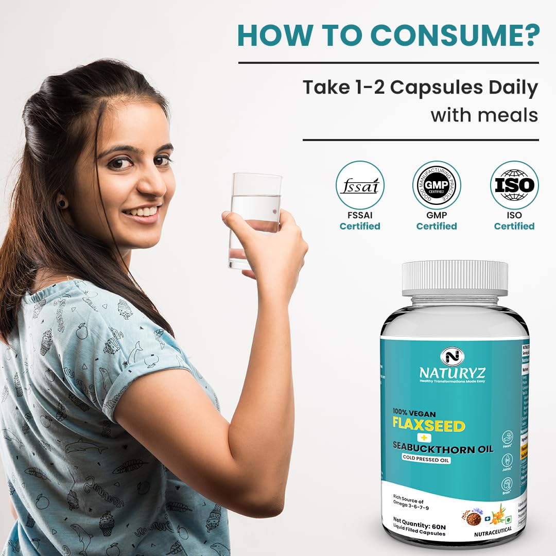 Woman holding a glass of water next to a bottle of Naturyz supplement with certification logos on a light gray background.