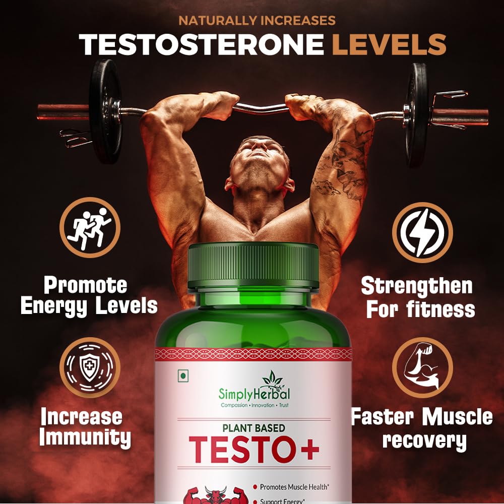 Simply Herbal Testo+ Supplement for Men With Kaunch Beej & Ashwagandha, Testo Booster Supplement, Boost Muscles Growth & Energy, Increase Athletic Performance, Natural Herbs (60 Veg Capsules)