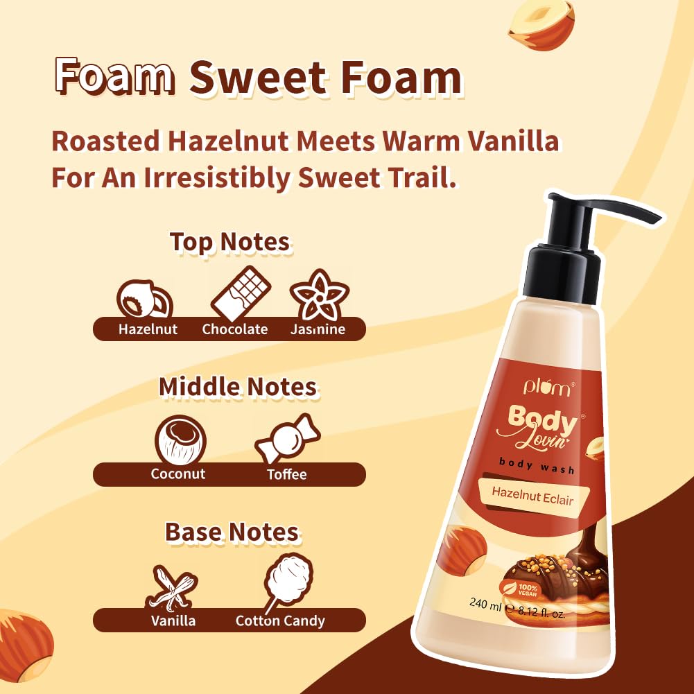 Plum Bodylovin' Hazelnut Eclair Body Wash | SLS-Free Creamy Body Wash | Hydrating Formula | Hazelnut & Vanilla Notes | Aloe-Infused Nourishing Body Cleanser For Soft & Smooth Skin | Decadent Hazelnut Chocolate Fragrance | 240ml