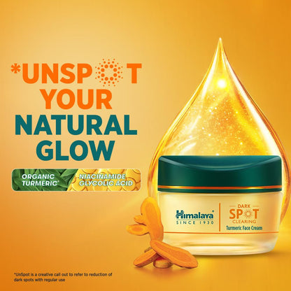 Himalaya Dark Spot Clearing Turmeric Face Cream with ingredients listed on a yellow background