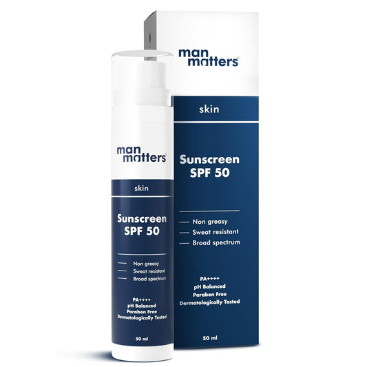 Man Matters Probiotic Sunscreen SPF 50 PA++++ 50ml | SunCat MTA Technology | Sweat Resistant & Broad Spectrum Protection | Centella, Rice Water & Niacinamide | Non Greasy, 0 White Cast & Lightweight