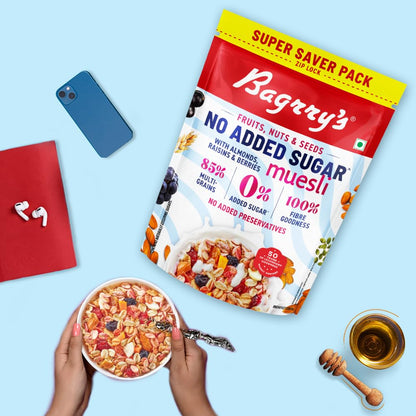Bagrry’s No Added Sugar Muesli with Fruits, Nuts & Seeds – 700g | High Fibre & Protein | 0% Added Sugar, No Corn Flakes | Whole Grain Breakfast Cereal with Almonds, Raisins, Pumpkin Seeds & Berries