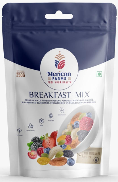 Merican Farms Breakfast Mix 250gm with Healthy Mixed Nuts with Dry Fruits, Premium Fiber SuperMix, Fresh and Perfectly Balanced Mix Dry Fruits Pack,Anytime Snacking Berries