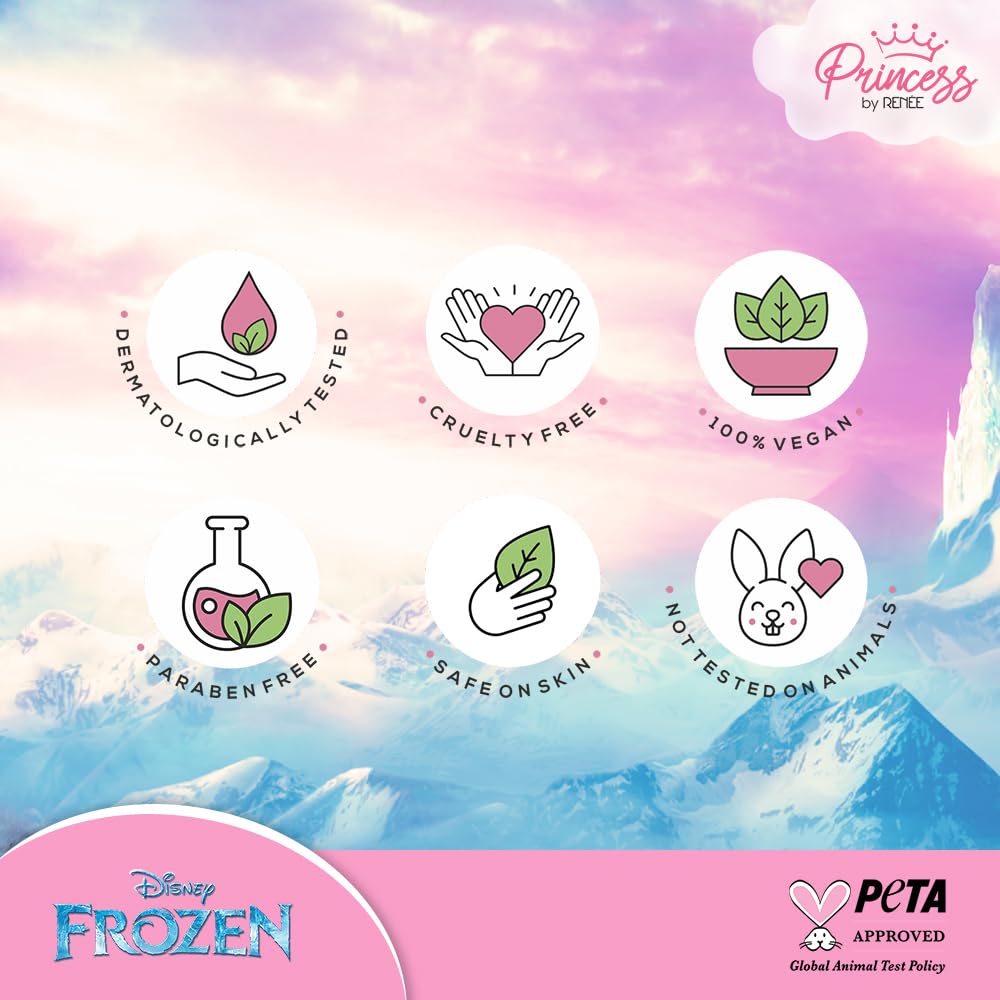Set of icons and logos indicating product safety and ethical attributes on a colorful background with 'Frozen' branding.
