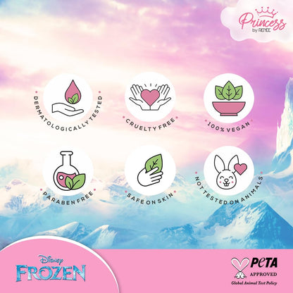 Set of icons and logos indicating product safety and ethical attributes on a colorful background with 'Frozen' branding.