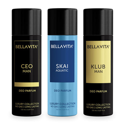 Three BellaVita deodorant and cologne bottles on a white background