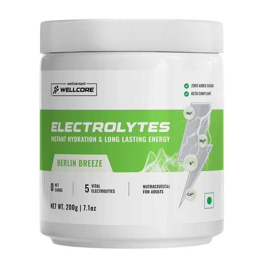 Wellcore - Electrolytes (Berlin Breeze, 200g)| Electrolyte Drink With 5 Vital Electrolytes: Na, Mg, Ca, K, PO4|Sugar Free Electrolyte Powder|Fat Fuel Powered Keto Electrolyte, 1 count, 40 servings