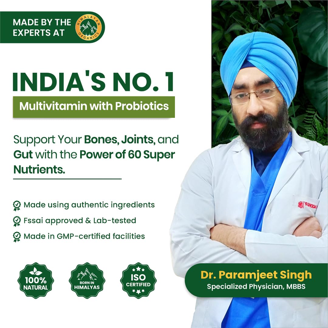 Vlado’s Himalayan Organics Multivitamin Tablets for Men & women With Probiotics - 60+ Ingredients multi Vitamins Supplement For Men And Women | VItamin B1,B2,B3,B5,B6B9,B12,C,E,A,K2,D Magneisum with 5B CFU Probiotic Blends 60 Veg Tablets