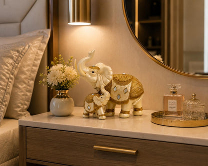 Decorative Elephant Showpiece for Home Décor | Resin Lucky Elephant Statue with Mother & Baby Design | Tabletop Feng Shui Good Luck Idol (White Elephant Family)