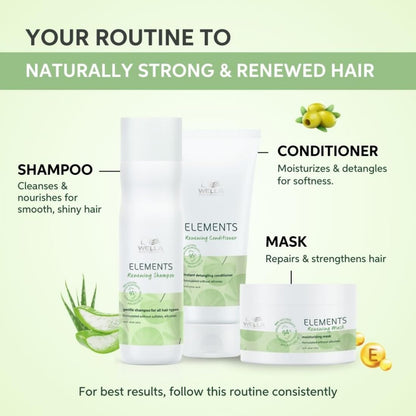Wella Elements hair care products with shampoo, conditioner, and mask on a green background.