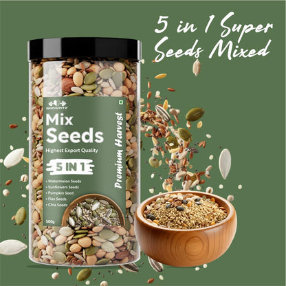 Growfitz 5-in-1 Super Seed Mix | 500g | 20.5g High Protein & Fiber | Roasted Pumpkin, Sunflower, Flax, Chia, Soy Nuts & Sesame | Healthy Snack | Export Quality Superfood