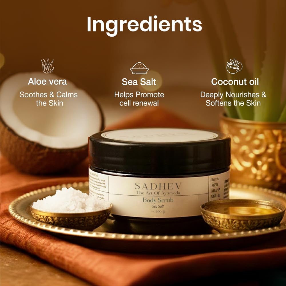 Sadhev Ayurvedic Sea Salt Body Scrub | Exfoliates, Detoxifies & Revitalizes | Enriched with Coconut Oil & Aloe Vera | For Smooth, Radiant Skin | All Skin Types (200g)