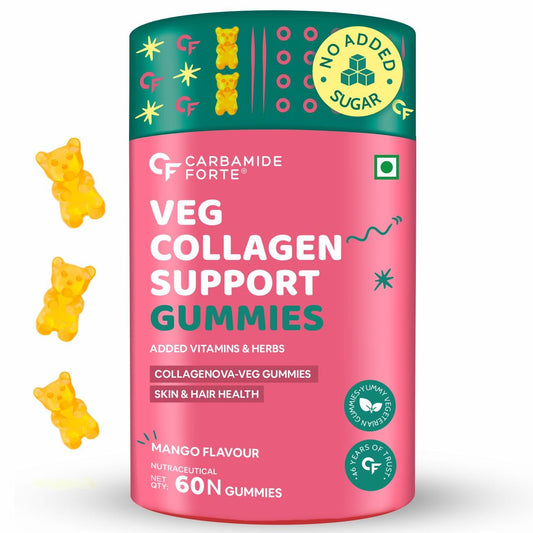 Carbamide Forte Veg Collagen Support Gummies, 60 Gummies | Collagen Supplements for Women & Men for Skin & Hair - Mango Flavour, 250 Grams, 60 Servings