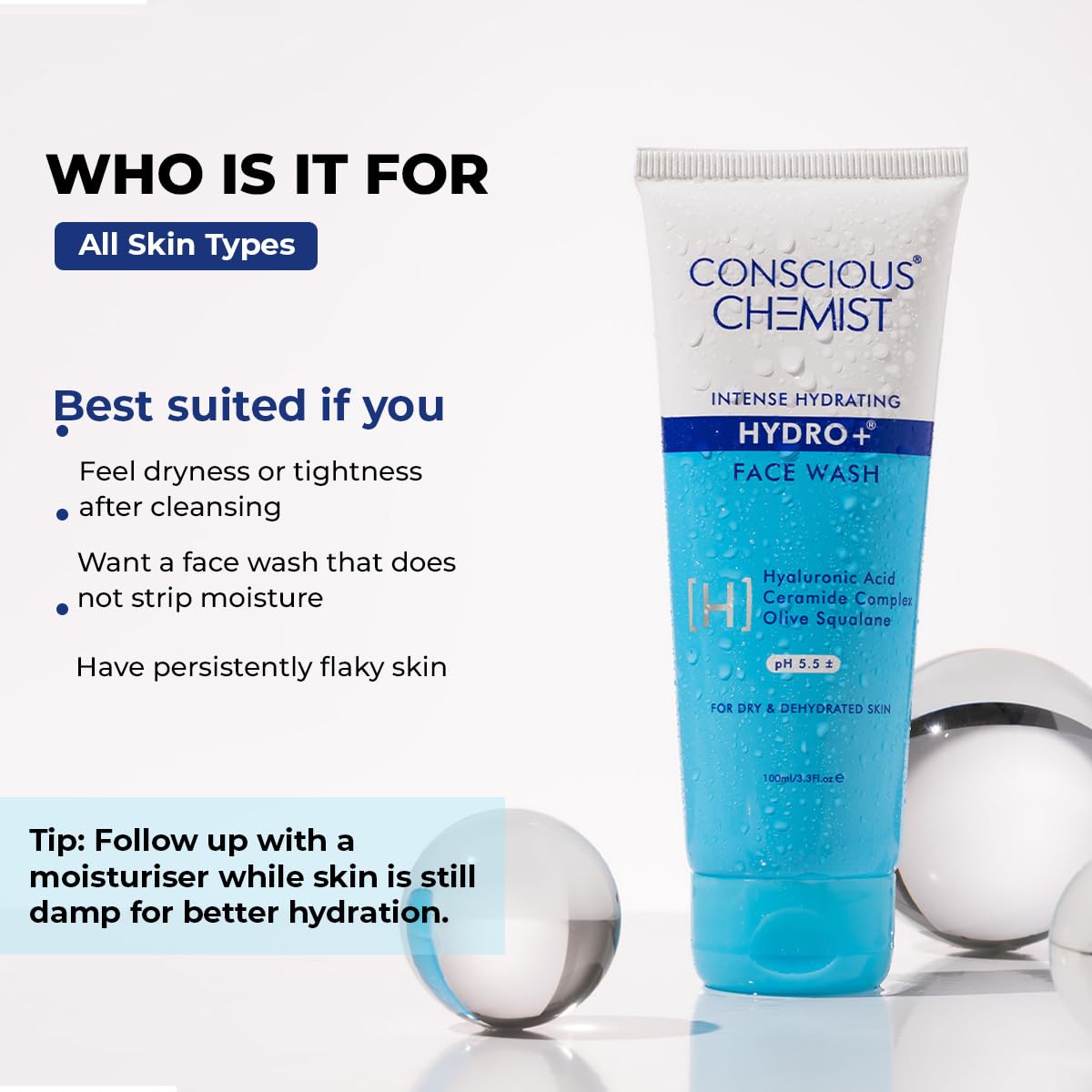 Tube of Conscious Chemist Hydro+ Face Wash with product details on a white background