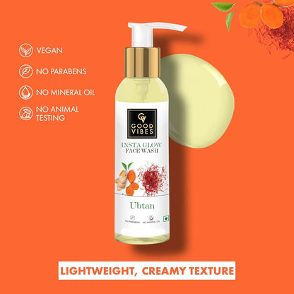 Good Vibes Ubtan Insta Glow Face Wash, 120 ml | Brightening, Soothing, Moisturizing Face Cleanser For All Skin Types | With Turmeric, Saffron, Vitamin B3 | No Parabens, Sulphates & Mineral Oil