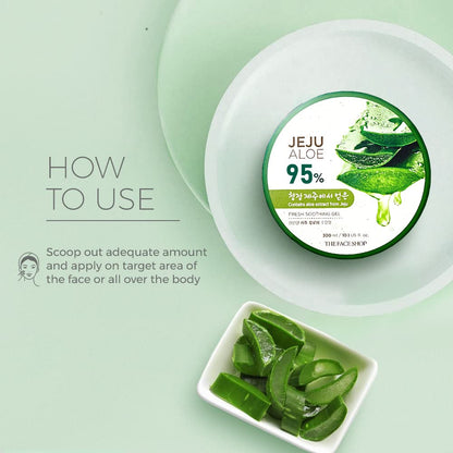 JEju Aloe vera product with aloe vera leaves on a light green background