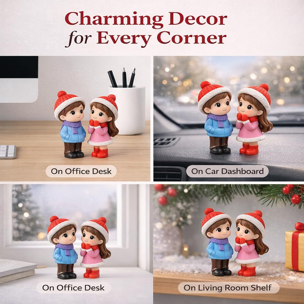Resin Winter Couple Miniature Figurines (2 Pcs) – Handcrafted Romantic Winter Decor | Cute Christmas & Valentine Gift | Mini Tabletop, Shelf & Car Dashboard Display
