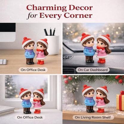 Resin Winter Couple Miniature Figurines (2 Pcs) – Handcrafted Romantic Winter Decor | Cute Christmas & Valentine Gift | Mini Tabletop, Shelf & Car Dashboard Display