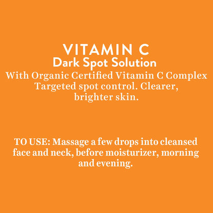 Vitamin C dark spot solution description on an orange background