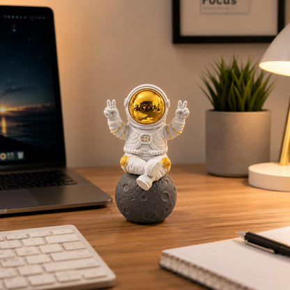 Astronaut Figurine Showpiece for Home Décor, Office Desk, Car Dashboard & Table Decoration | Space Astronaut Statue Collectible Gift for Home, Room & Workspace (Sitting on Moon Golden Large)