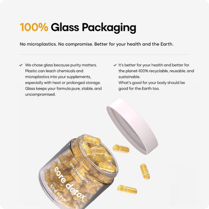 Glass supplement container with gold capsules and text about 100% glass packaging.