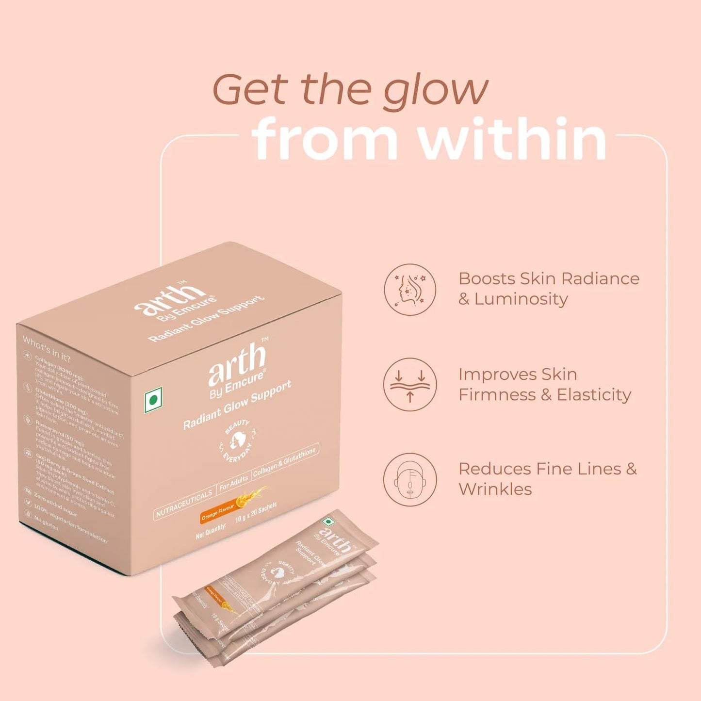 Arth Collagen Supplement | Daily Radiant Glow Support | Plant-Based Collagen Powder with Glutathione, Resveratrol, Goji Berry & Grape Seed Extract | Skin Radiance, Elasticity & Hydration | For Men & Women | 20 Sachets