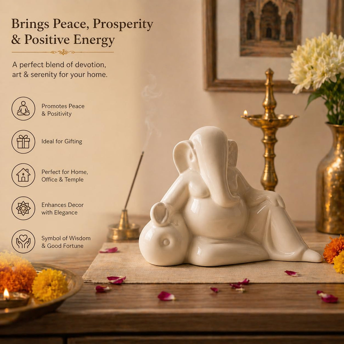 Ceramic Ganesha Idol Rose Shape - 11CM | Decorative Ganesh Ji Murti for Car Dashboard, Home Decor, Figurine Decoration & Pooja