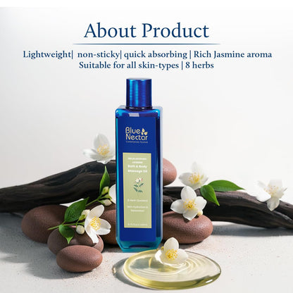 Blue Nectar Jasmine Herbal Body Oil | Natural Massage Oil for Full Body Relax & Glow | Ashwagandha & Sesame After Bath Body Oil for Women & Men (8 herbs, 200ml)