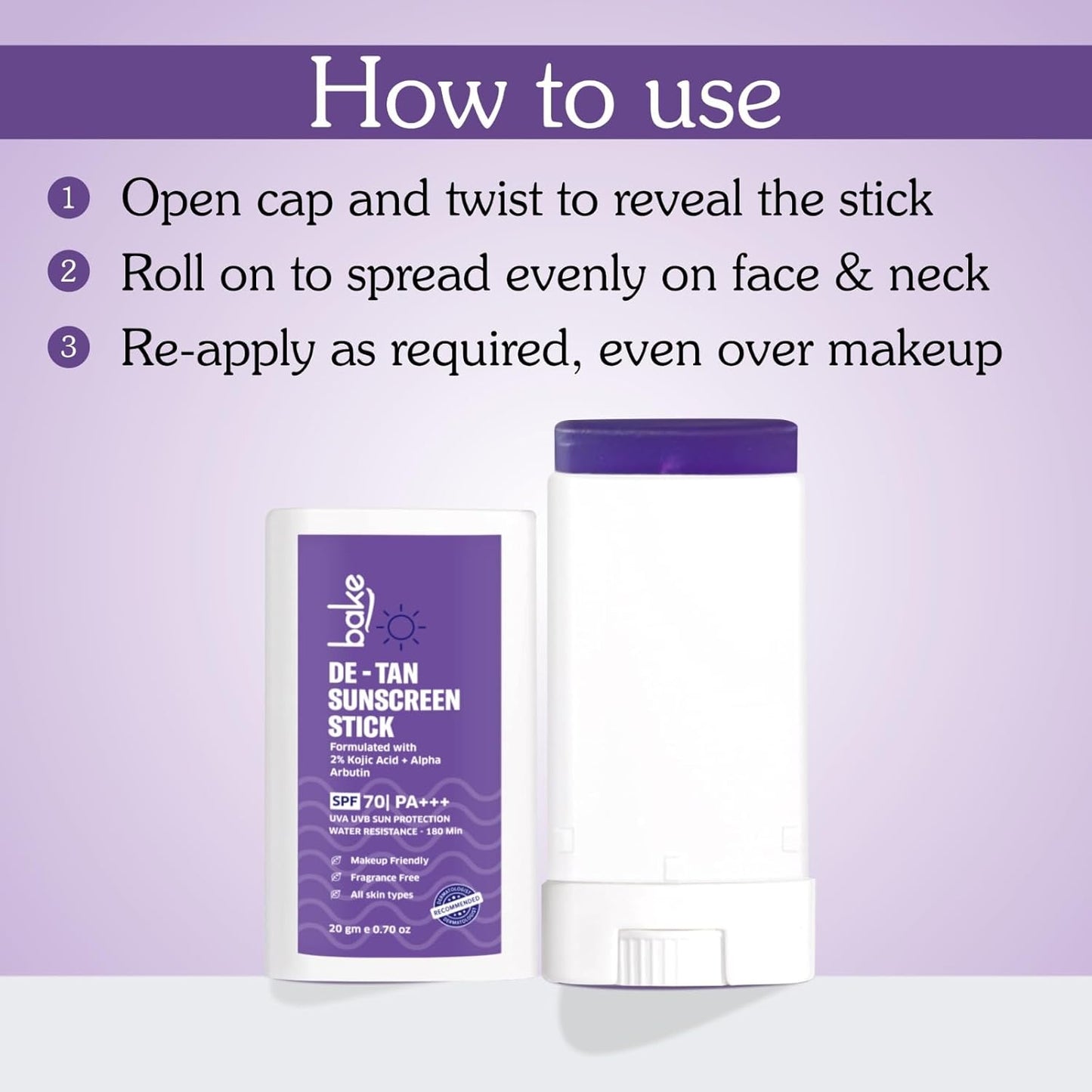 BAKE De-Tan Water Resistant Sunscreen Stick SPF 70 PA++++ with 2% Kojic Acid & Alpha Arbutin | Lightweight, No White Cast | For All Skin Types | For Pigmentation & Dark Spots - 20g