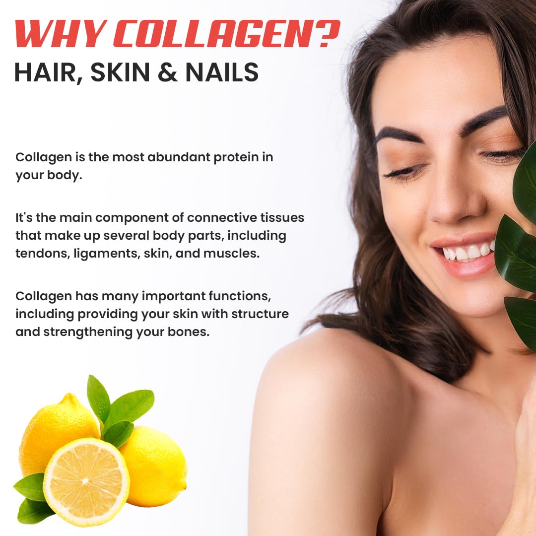 Woman with healthy skin holding a leaf, with text about collagen's importance for hair, skin, and nails.
