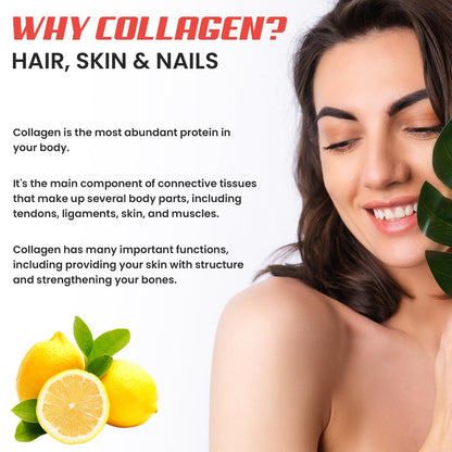 Woman with healthy skin holding a leaf, with text about collagen's importance for hair, skin, and nails.