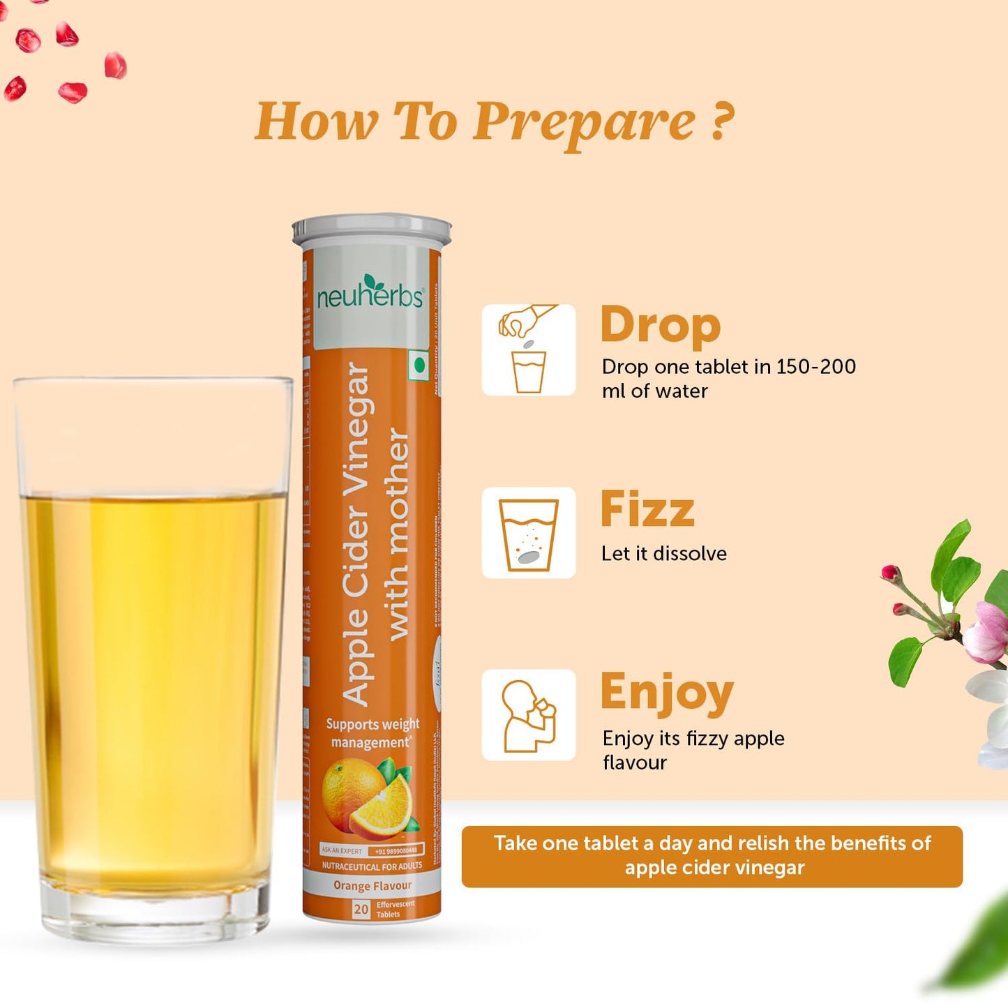 Neuherbs Plant Based Apple Cider Vinegar With Mother 20 Effervescent Tablets (Orange Flavour) For Weight Management | Rich in Antioxidants with Vitamin B6 & B12 | Zero Added Sugar | Gluten Free