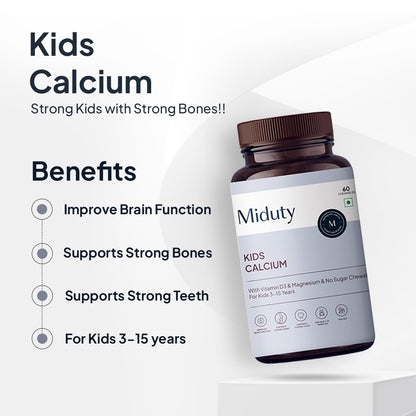 Zephivo Miduty by Palak Notes Kids Calcium with Vitamin D3 - K2 Magnesium No Sugar Added for Strong Bones, Brain Function, Immunity Booster, Strong Teeth Calcium Supplement Kids Multivitamin - 60 Chewables