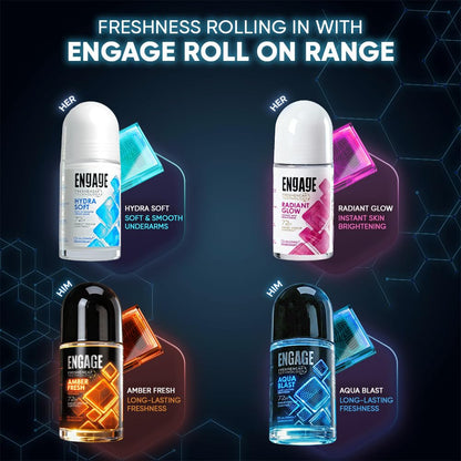 Engage Hydra Soft Underarm Roll On for Women|Skin Softening Deodorant Formula |72 Hour Sweat & Odour Protection| Advanced Antiperspirant Formula|FreshEncap Technology |0% Alcohol|Non Sticky|50ml