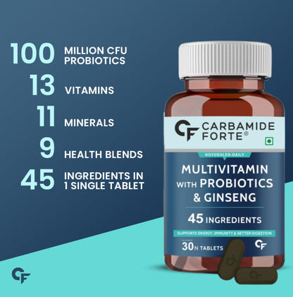 Carbamide Forte Multivitamin Tablet For Men & Women | Multi vitamin For Men | Best Multivitamin For Men & Women With Probiotics & Ginserg To Support Immunity & Energy | 30 Tablets