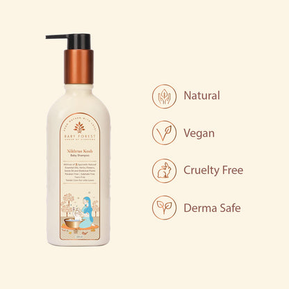 Baby shampoo bottle with 'Natural', 'Vegan', 'Cruelty Free', and 'Derma Safe' icons on a beige background