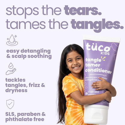 Girl holding a bottle of tüco Kids tangle timer conditioner with product features listed.