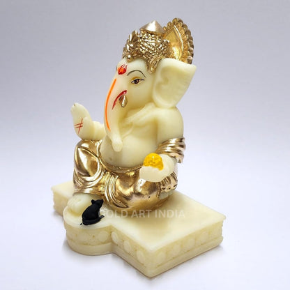 Gold Art India Gaddi Ganesha Idol for Home Decor | Peach Terracotta Finish with Gold Colour Mukut & Ornaments – 3.5 Inch Ganpati Statue for Car Dashboard, Home Decor, Puja, Office Desk
