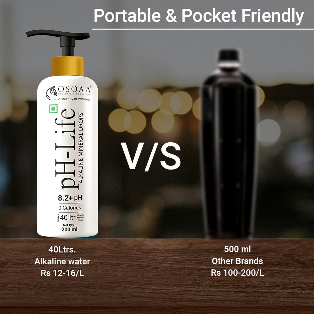 Comparison of Osoaa pH-Life alkaline water bottle and another brand's bottle on a wooden surface with a blurred background.