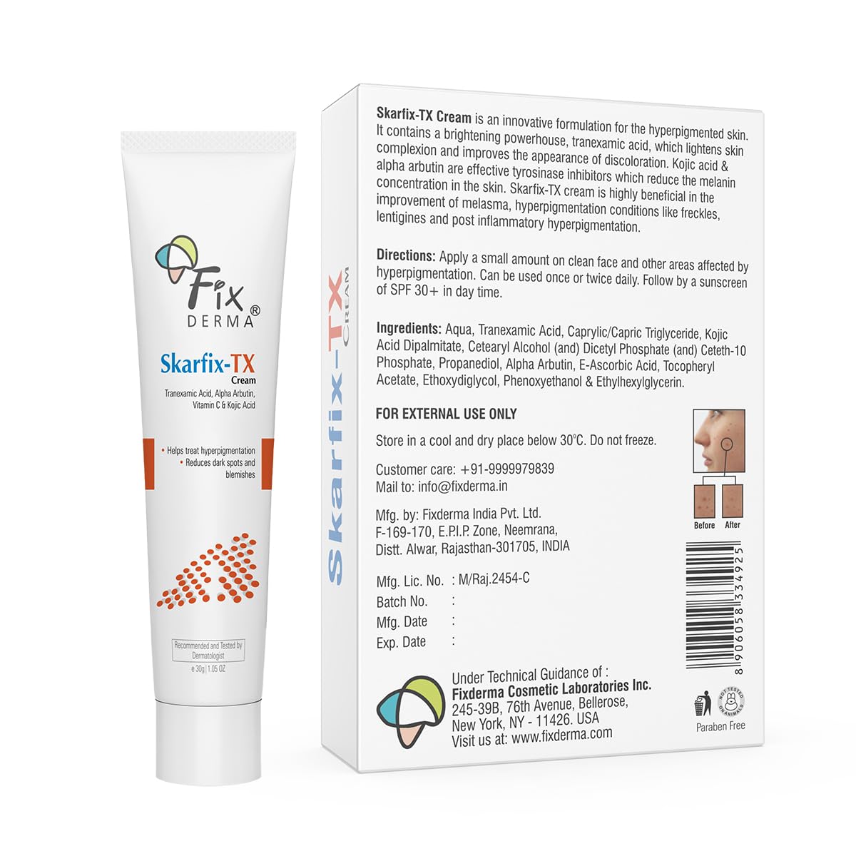 Fixderma Tranexamic Acid + 2% Kojic Acid + 1% Arbutin SKARFIX -TX Face Cream | Pigmentation Removal Cream | Kojic Acid Cream | Uneven Skin Tone - 30 gm
