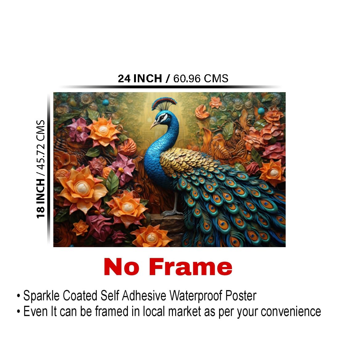 Peacock Paintings for Living room, Peacock Poster Big Size with Sparkle Coated Lamination - 22548 (Self Adhesive) 18x24 Inch