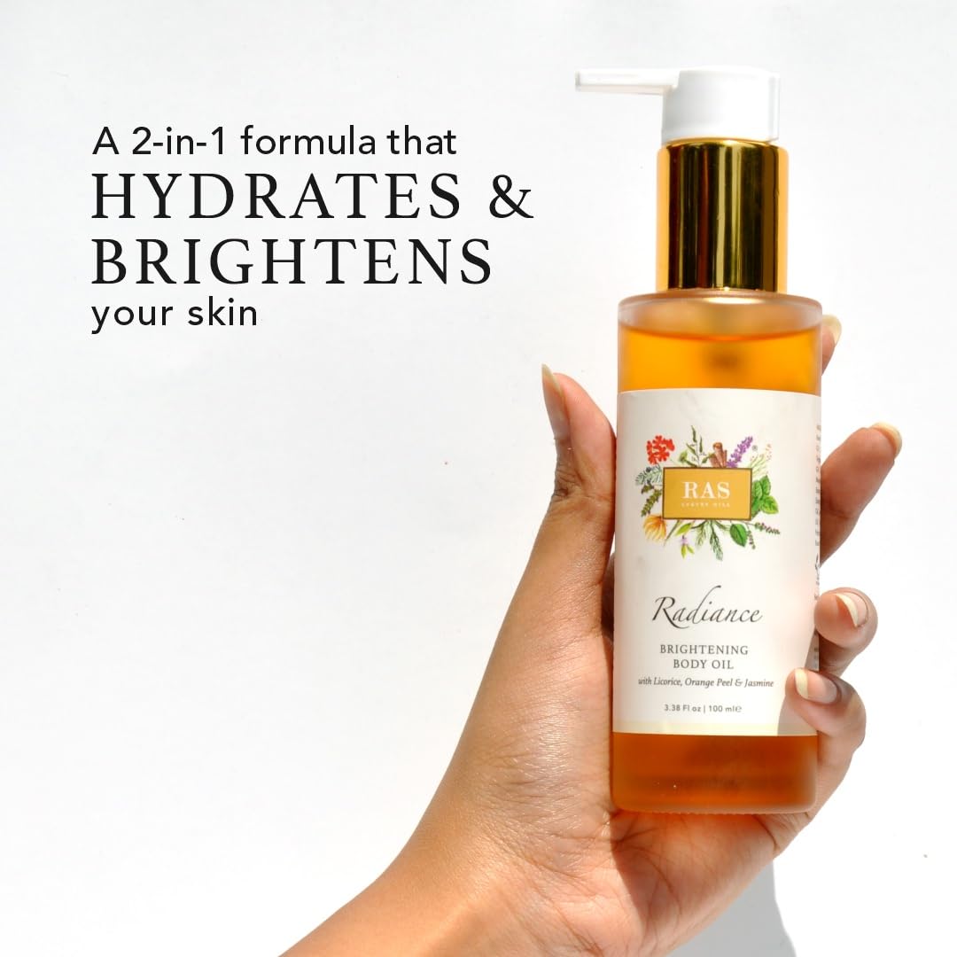 Ras Luxury Oils Radiance Brightening Body Oil with Orange Peel & Jasmine | Fast Absorbing, Non-Greasy & Lightweight | After Bath Massage Oil for Healthy Radiant Skin, 100ml