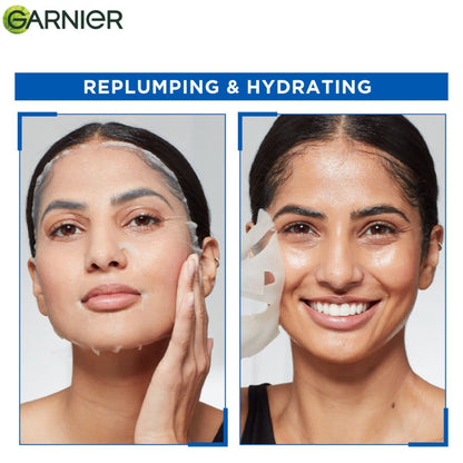 Garnier skincare product advertisement showing a woman with plumper and hydrated skin.