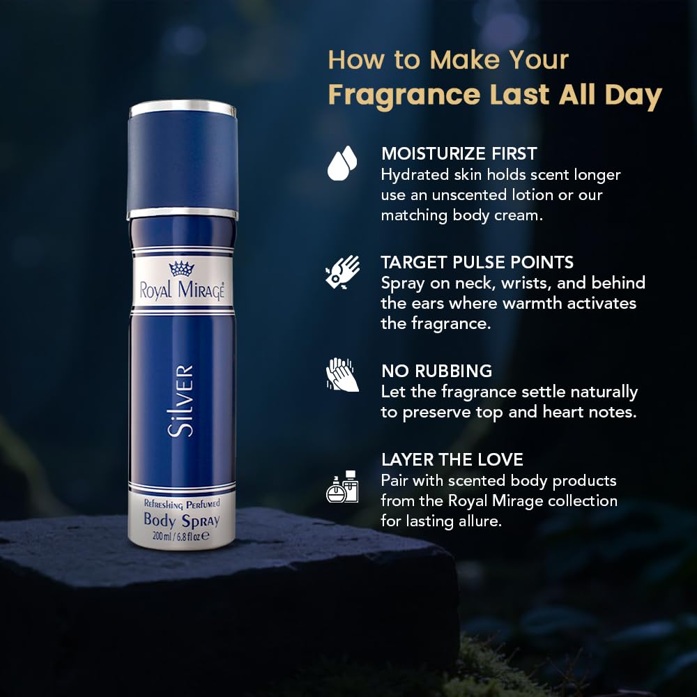 Blue body spray bottle with text on how to make fragrance last all day, on a dark background.