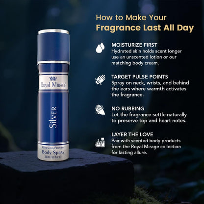 Blue body spray bottle with text on how to make fragrance last all day, on a dark background.